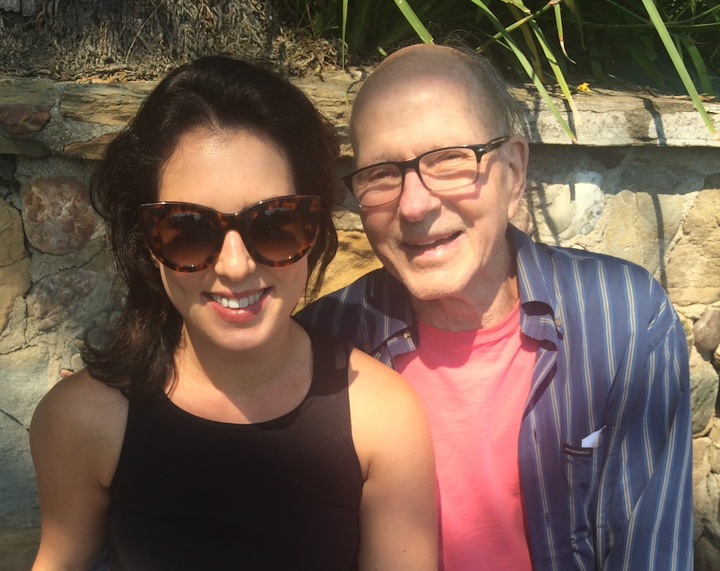 The author, left, and her father visiting the Self-Realization Fellowship Lake Shrine in Pacific Palisades, California, 2017.