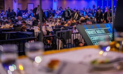 Secret Service agents move across the ballroom Saturday during a shooting incident at the annual White House Correspondents' Association dinner at the Washington Hilton in Washington, D.C.