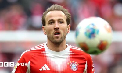 Harry Kane celebrates scoring in Bayern Munich's 3-2 win against Borussia Dortmund in February
