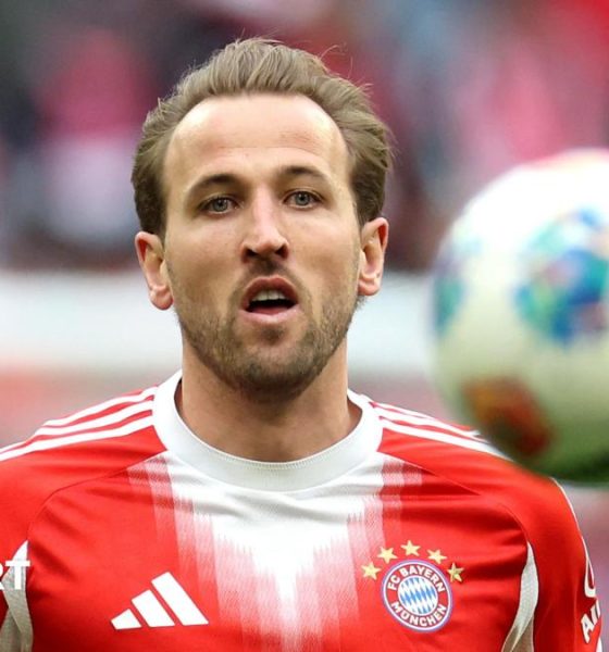 Harry Kane celebrates scoring in Bayern Munich's 3-2 win against Borussia Dortmund in February