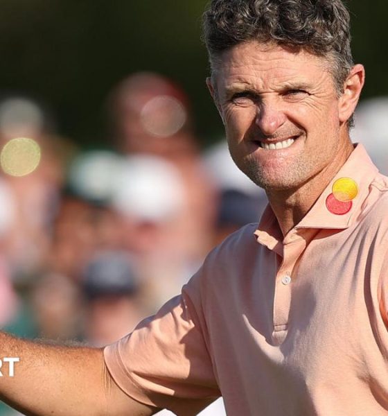 Justin Rose acknowledges the fans after finishing runner-up to Rory McIlroy at the 2025 Masters
