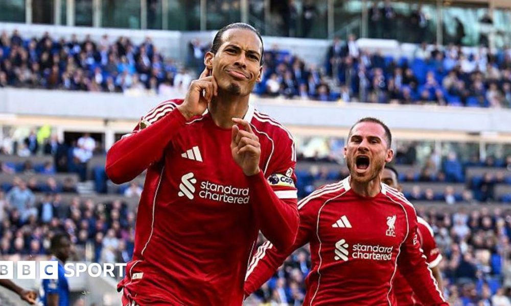 Van Dijk celebrates scoring against Everton