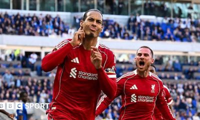 Van Dijk celebrates scoring against Everton