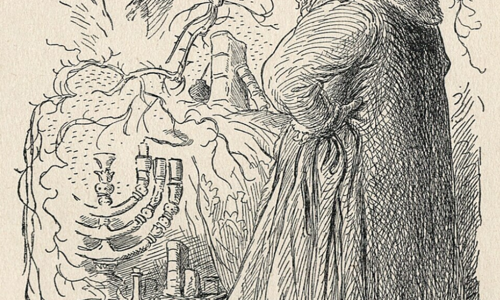 Rabbi Loew brings the Golem to life. Illustration by M. Ale&scaron;. According to the artist&rsquo;s concept, Rabbi Loew writes the sacred word &ldquo;Emet&rdquo; (truth) on the forehead of the clay giant. Source: Wikipedia.
