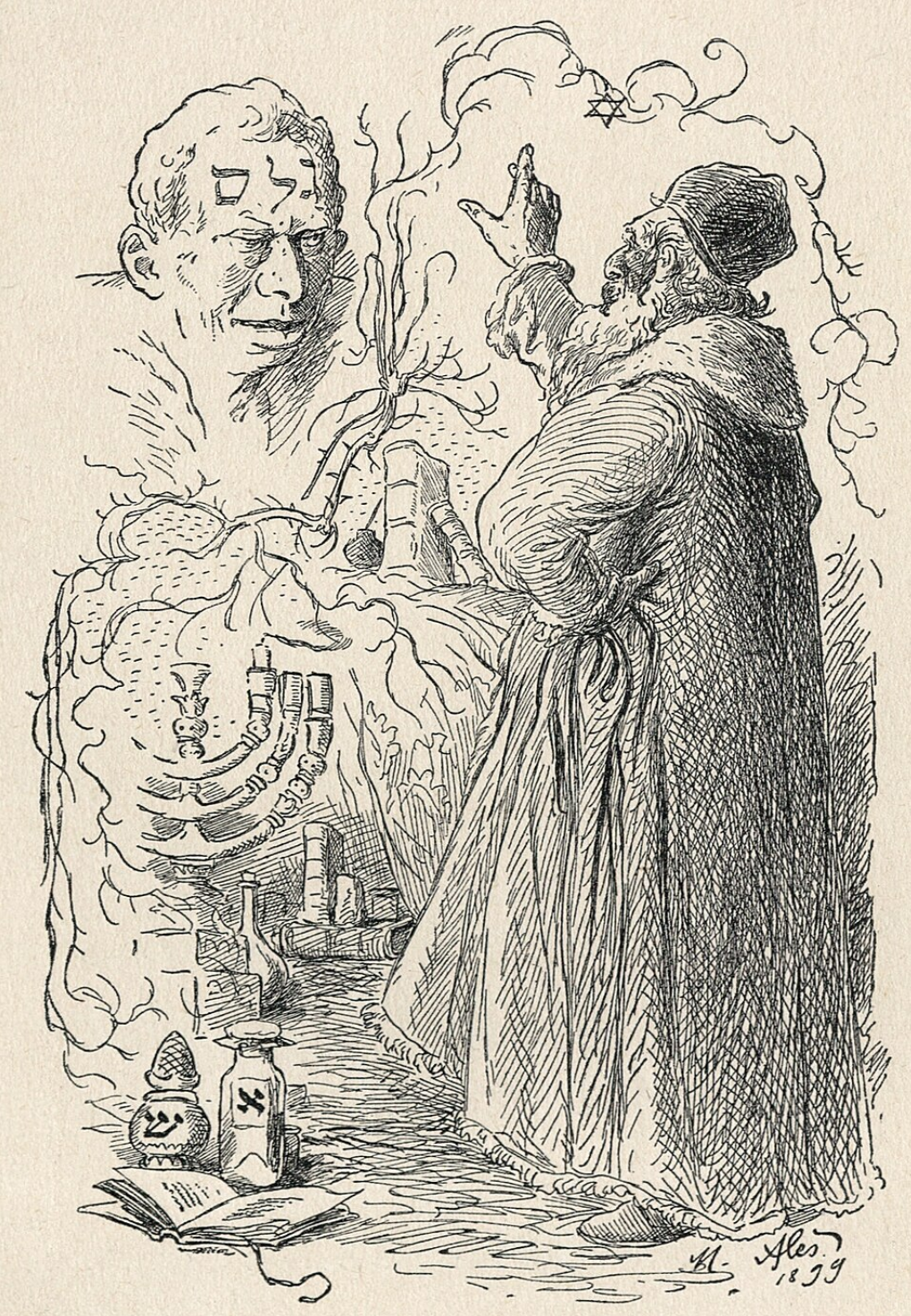 Rabbi Loew brings the Golem to life. Illustration by M. Ale&scaron;. According to the artist&rsquo;s concept, Rabbi Loew writes the sacred word &ldquo;Emet&rdquo; (truth) on the forehead of the clay giant. Source: Wikipedia.