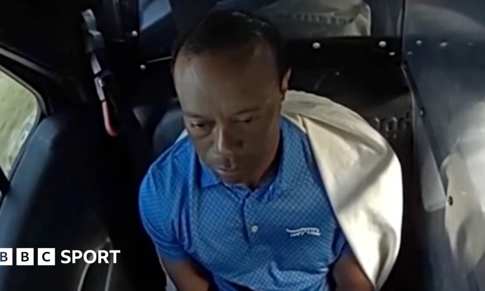 Tiger Woods sits in the back of a police car after being arrested