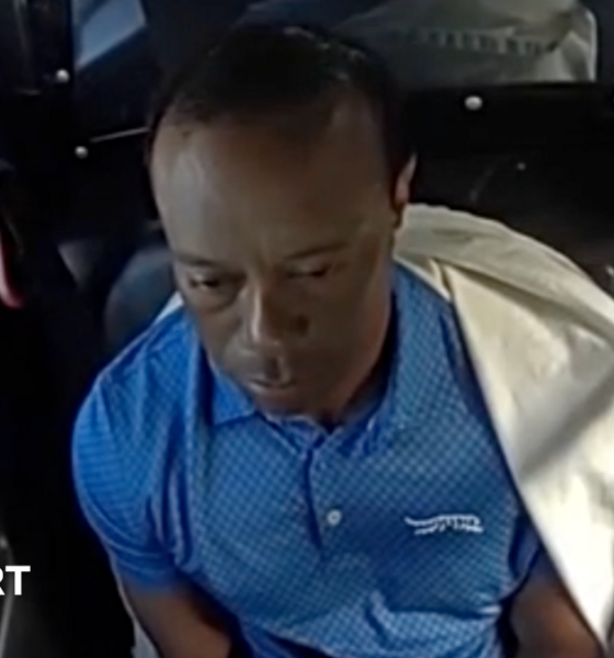 Tiger Woods sits in the back of a police car after being arrested
