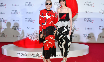 99 The Devil Wears Prada 2 Tokyo Fan Event Anne Hathaway In Black And Ivory Valentino Couture Silk Gown And Meryl Streep In Red And Black Chanel Metiers DArt Fringe Tweed Set