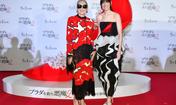 99 The Devil Wears Prada 2 Tokyo Fan Event Anne Hathaway In Black And Ivory Valentino Couture Silk Gown And Meryl Streep In Red And Black Chanel Metiers DArt Fringe Tweed Set