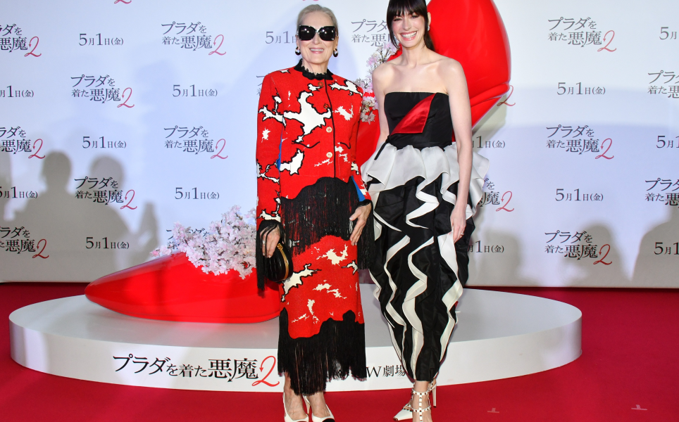 99 The Devil Wears Prada 2 Tokyo Fan Event Anne Hathaway In Black And Ivory Valentino Couture Silk Gown And Meryl Streep In Red And Black Chanel Metiers DArt Fringe Tweed Set