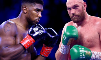 Anthony Joshua (left) and Tyson Fury (right) hold their gloves up in a defence stance, bare chested, in separate images that have been edited to be side by side