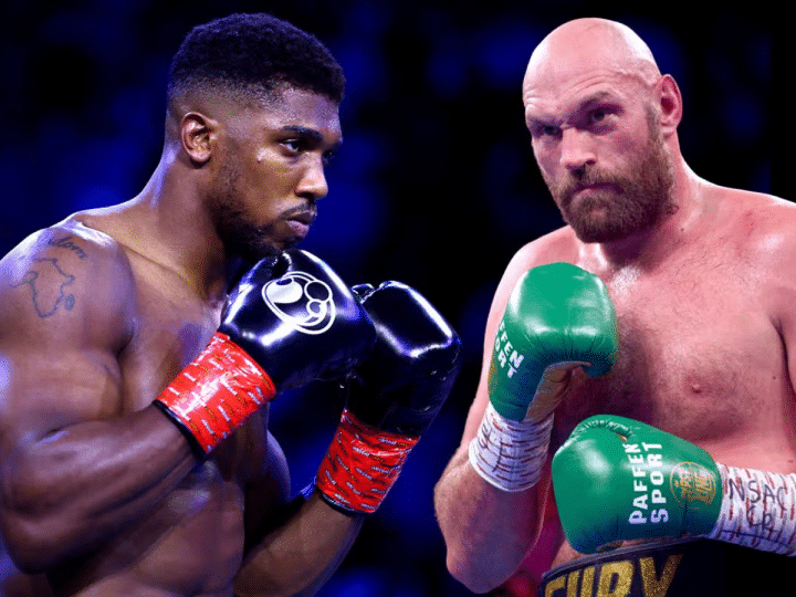 Anthony Joshua (left) and Tyson Fury (right) hold their gloves up in a defence stance, bare chested, in separate images that have been edited to be side by side