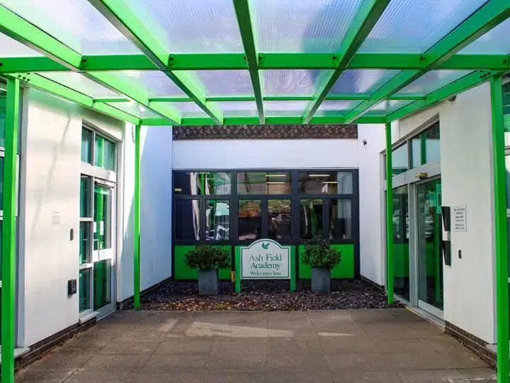 Entrance at Ash Field Academy in Leicester, where staff are willing to strike over suspended union rep Tom Barker