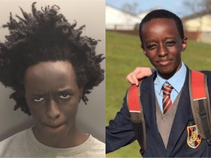 Axel Rudakubana as an adult on the left and in stark contrast on the right, where he's pictured as a young child in school uniform looking happy