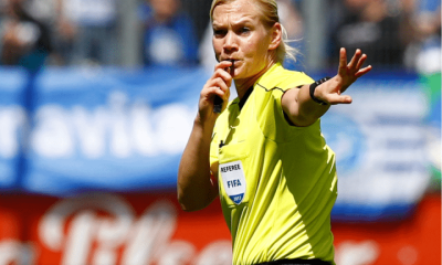 Female referree, Bibiana Steinhaus, blows her whistle and motions for the game to pause at the league match between MSV Duisburg and FSV Zwickau in Duisburg in May 2017