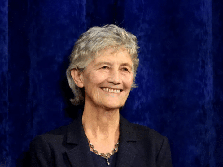 Catherine Connolly smiles to supporters after being elected as the new President of Ireland at Dublin Castle, Ireland, Saturday, Oct. 25, 2025.