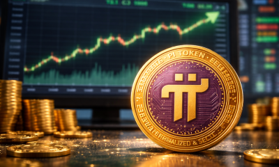 A bullish PI coin in front of a monitor