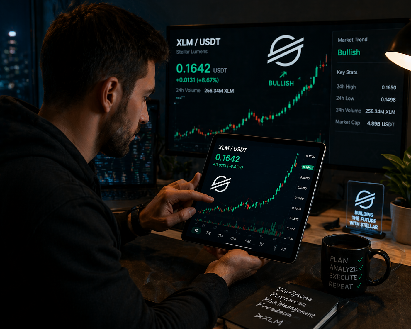 A trader analyzing a bullish XLM chart