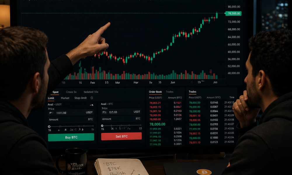 Traders analyzing Bitcoin at $78k.