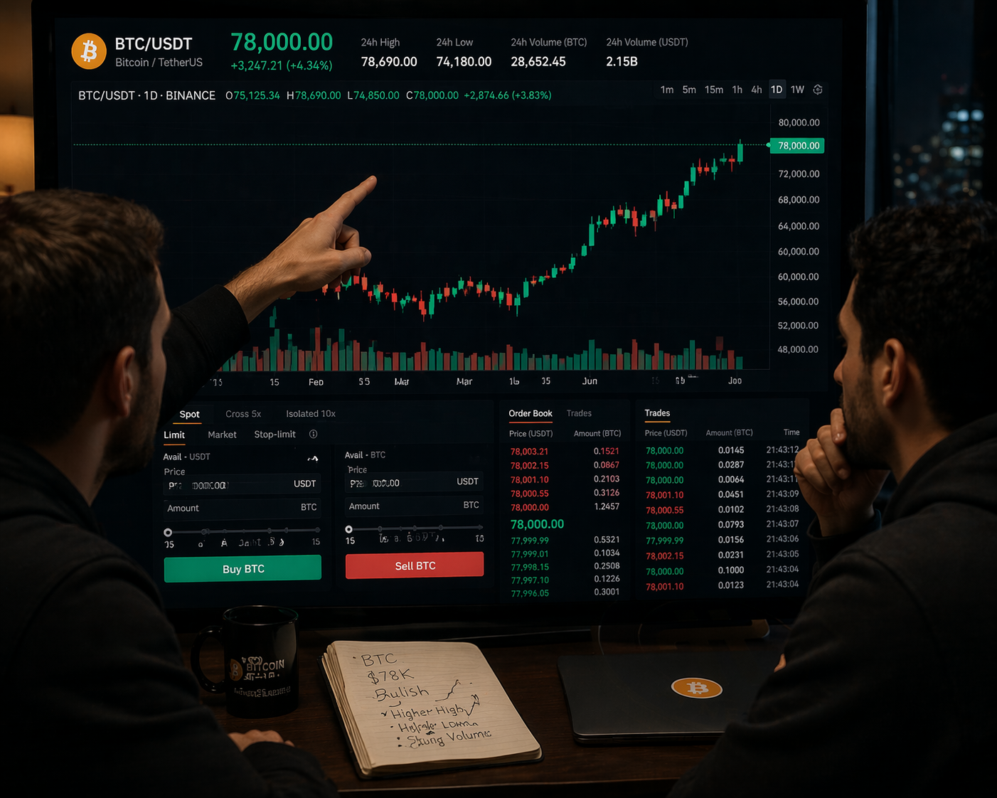 Traders analyzing Bitcoin at $78k.