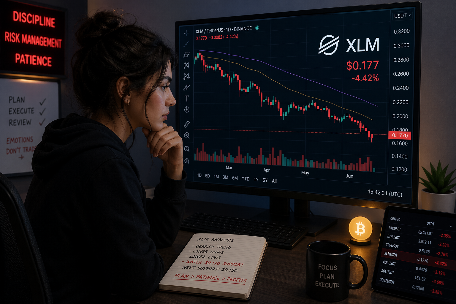 A trader analyzing XLM's price chart