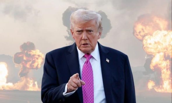Donald Trump in front of explosions