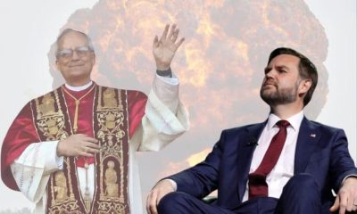 JD Vance and Pope Leo with an explosion behind them