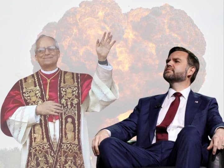 JD Vance and Pope Leo with an explosion behind them