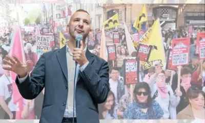 Zack Polanski superimposed over a London renters protest