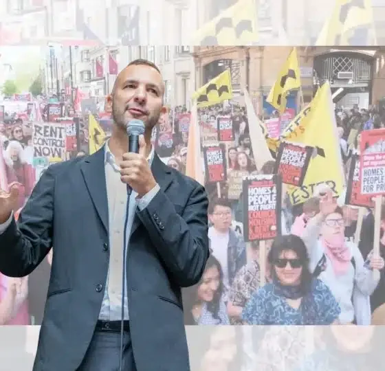 Zack Polanski superimposed over a London renters protest