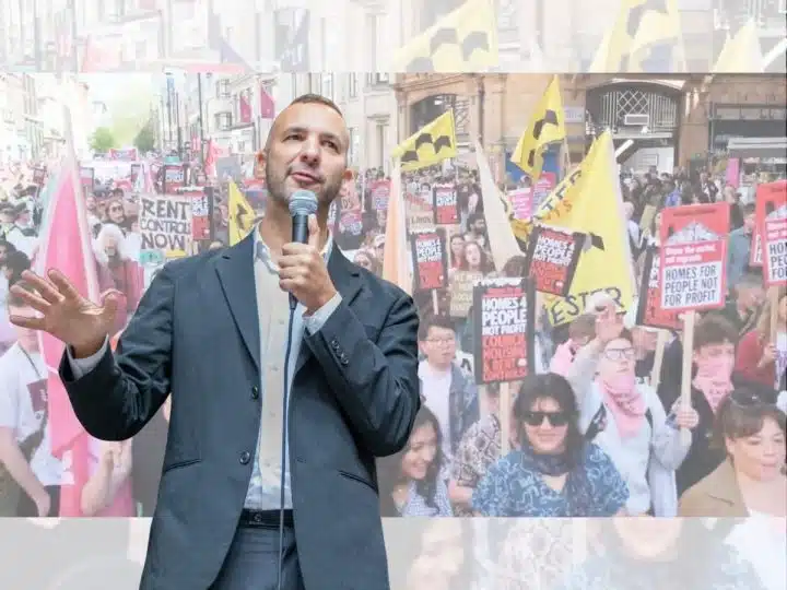 Zack Polanski superimposed over a London renters protest