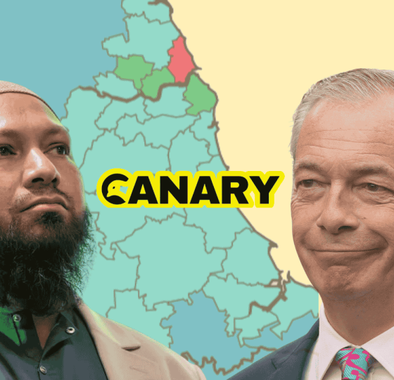Background is a map of the voting intentions in the North East of England, which is mainly light blue with a few bits of green. In front and on the left is Mothin Ali and on the right is Nigel Farage looking smug. In the middle of them is the Canary logo