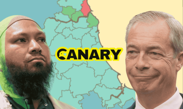 Background is a map of the voting intentions in the North East of England, which is mainly light blue with a few bits of green. In front and on the left is Mothin Ali and on the right is Nigel Farage looking smug. In the middle of them is the Canary logo