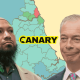 Background is a map of the voting intentions in the North East of England, which is mainly light blue with a few bits of green. In front and on the left is Mothin Ali and on the right is Nigel Farage looking smug. In the middle of them is the Canary logo