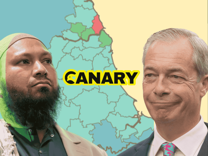 Background is a map of the voting intentions in the North East of England, which is mainly light blue with a few bits of green. In front and on the left is Mothin Ali and on the right is Nigel Farage looking smug. In the middle of them is the Canary logo