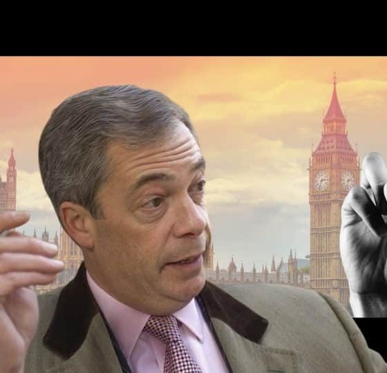Nigel Farage and a hand with fingers crossed Reform