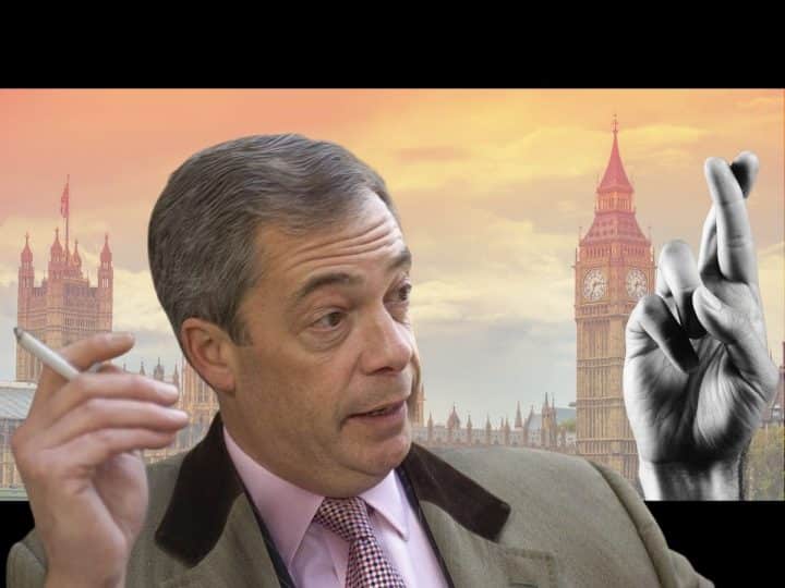 Nigel Farage and a hand with fingers crossed Reform