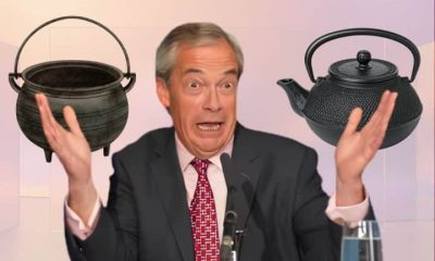 Nigel Farage in front of a black pot and a black kettle