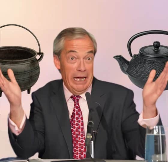 Nigel Farage in front of a black pot and a black kettle