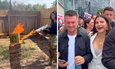 Valentina Gomez burning a Quran and standing with Tommy Robinson