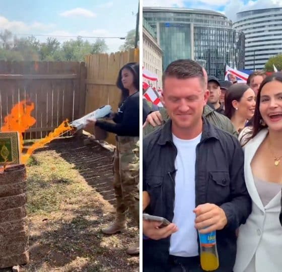 Valentina Gomez burning a Quran and standing with Tommy Robinson