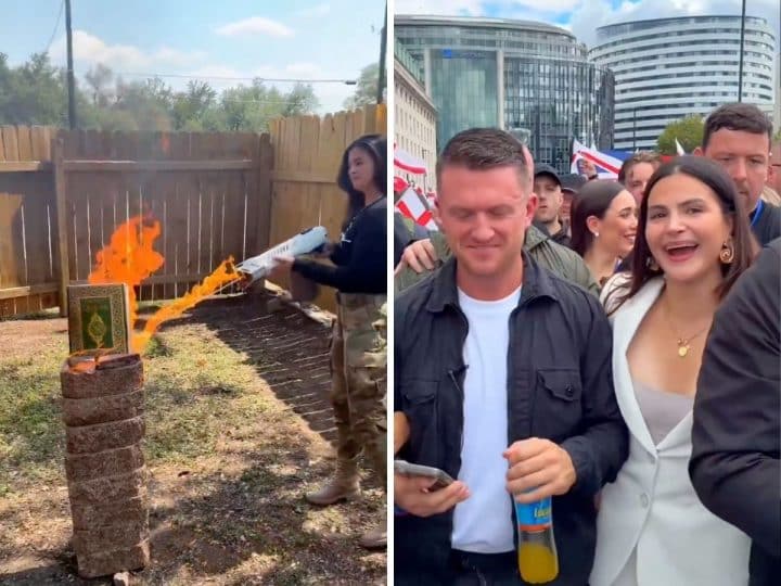 Valentina Gomez burning a Quran and standing with Tommy Robinson