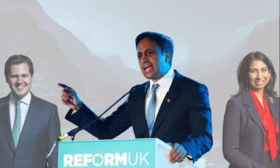 Robert Jenrick (left), Zia Yusuf of Reform (centre), and Suella Braverman (right) are collaged together for an illustration