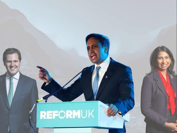 Robert Jenrick (left), Zia Yusuf of Reform (centre), and Suella Braverman (right) are collaged together for an illustration