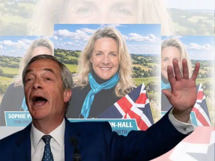 Nigel Farage in front of a candidate's flyer Reform