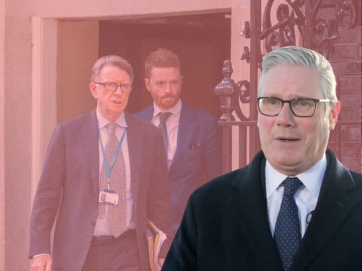 Keir Starmer with Peter Mandelson and Morgan McSweeney in the background