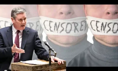 Keir Starmer in front of people with the word 'CENSORED' taped over their mouths