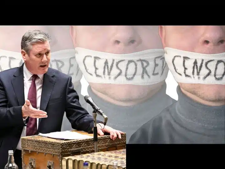 Keir Starmer in front of people with the word 'CENSORED' taped over their mouths