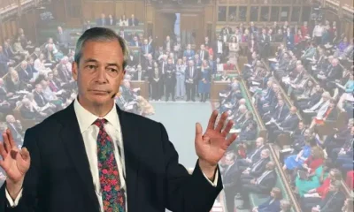 Nigel Farage in front of an image of parliament