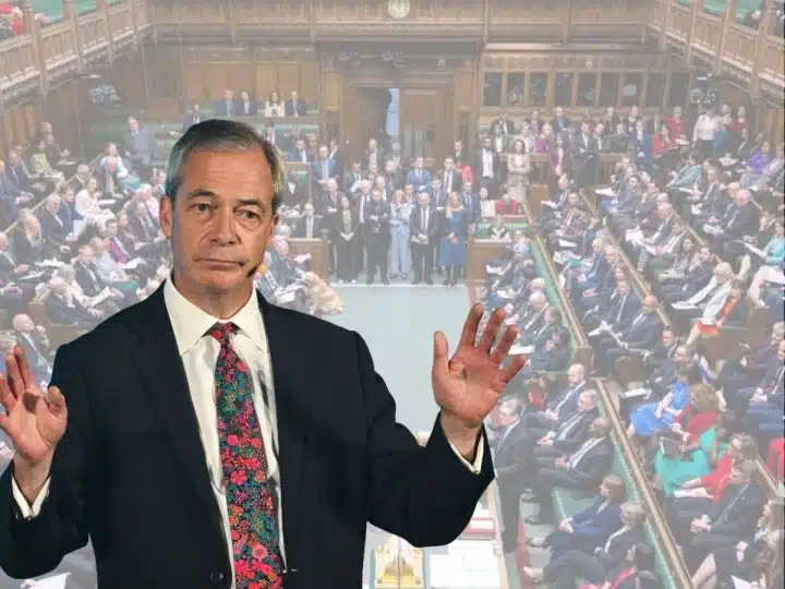 Nigel Farage in front of an image of parliament